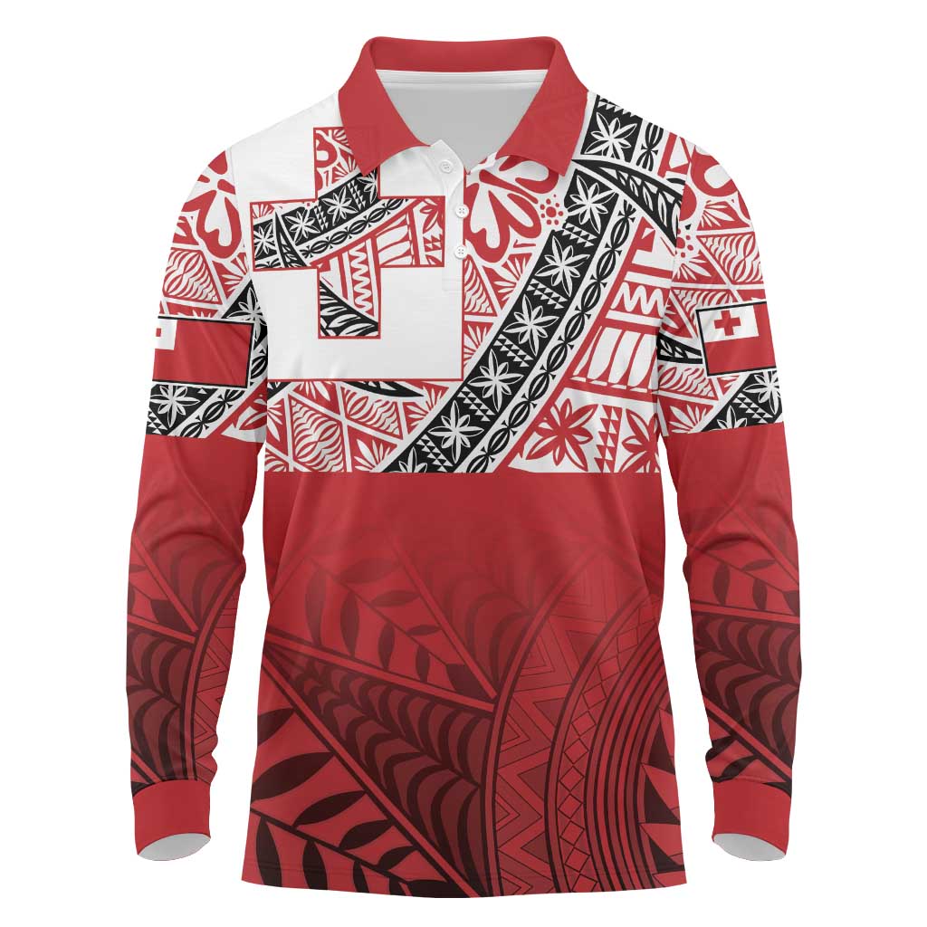 Malo e lelei Tonga Long Sleeve Polo Shirt Ngatu Tokelau Feletoa Fata Traditional Polynesian Pattern LT9 Red - Polynesian Pride