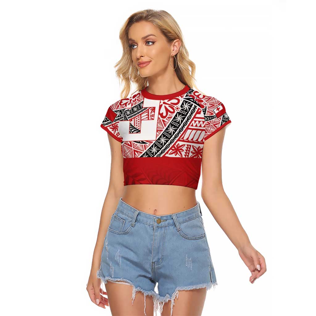 Malo e lelei Tonga Raglan Cropped T Shirt Ngatu Tokelau Feletoa Fata Traditional Polynesian Pattern LT9 Female Red - Polynesian Pride