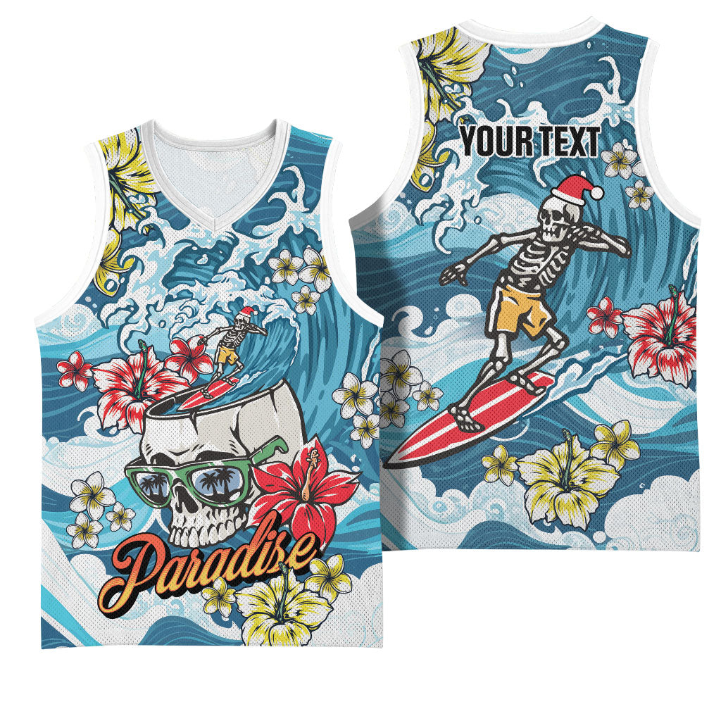 Hawaii Santa Skeleton Surfing Personalized Basketball Jersey Mele Kalikimaka i Iulai!