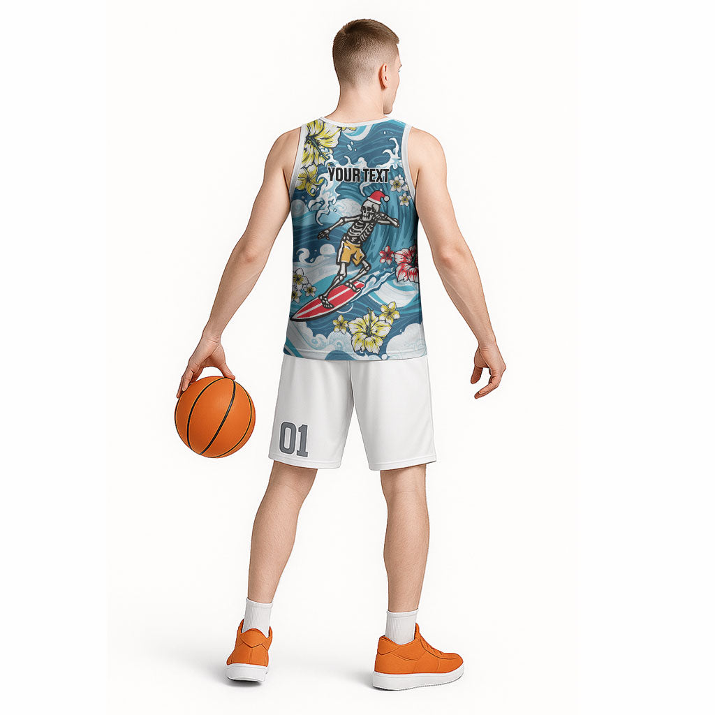 Hawaii Santa Skeleton Surfing Personalized Basketball Jersey Mele Kalikimaka i Iulai!