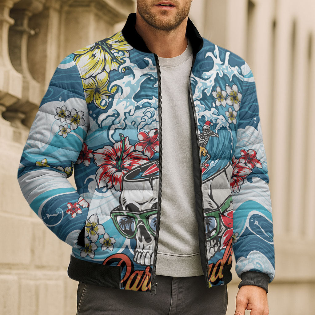Hawaii Santa Skeleton Surfing Personalized Bomber Puffer Jacket Mele Kalikimaka i Iulai!