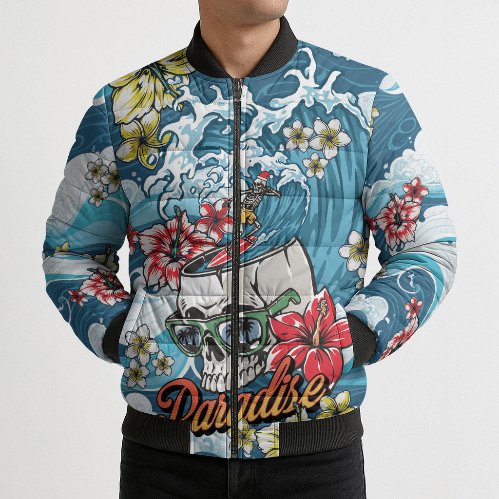 Hawaii Santa Skeleton Surfing Personalized Bomber Puffer Jacket Mele Kalikimaka i Iulai!