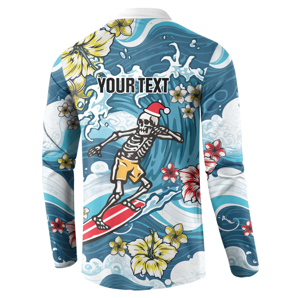Hawaii Santa Skeleton Surfing Personalized Button Sweatshirt Mele Kalikimaka i Iulai!