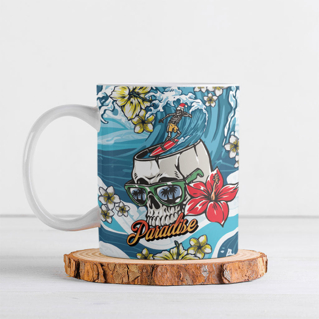 Hawaii Santa Skeleton Surfing Personalized Ceramic Mug Mele Kalikimaka i Iulai!