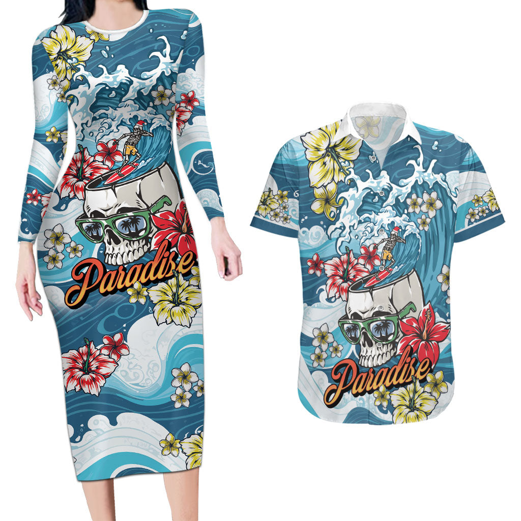Hawaii Santa Skeleton Surfing Personalized Couples Matching Long Sleeve Bodycon Dress and Hawaiian Shirt Mele Kalikimaka i Iulai!