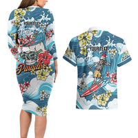 Hawaii Santa Skeleton Surfing Personalized Couples Matching Long Sleeve Bodycon Dress and Hawaiian Shirt Mele Kalikimaka i Iulai!