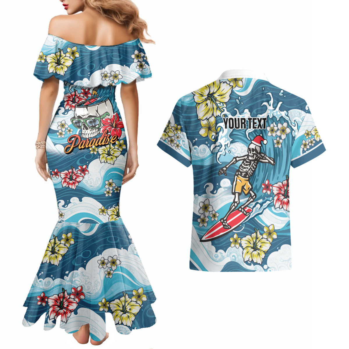 Hawaii Santa Skeleton Surfing Personalized Couples Matching Mermaid Dress and Hawaiian Shirt Mele Kalikimaka i Iulai!