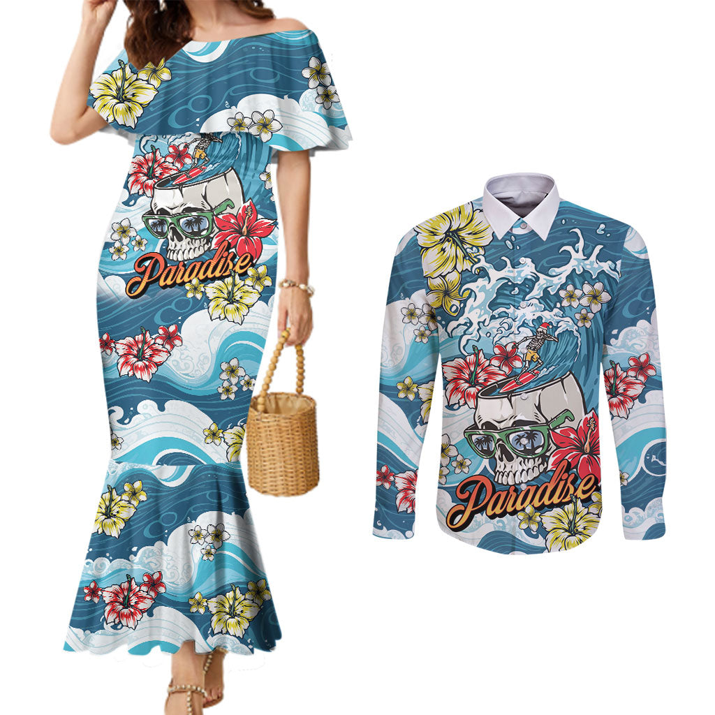 Hawaii Santa Skeleton Surfing Personalized Couples Matching Mermaid Dress and Long Sleeve Button Shirt Mele Kalikimaka i Iulai!