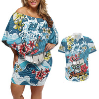 Hawaii Santa Skeleton Surfing Personalized Couples Matching Off Shoulder Short Dress and Hawaiian Shirt Mele Kalikimaka i Iulai!