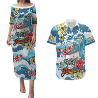 Hawaii Santa Skeleton Surfing Personalized Couples Matching Puletasi and Hawaiian Shirt Mele Kalikimaka i Iulai!
