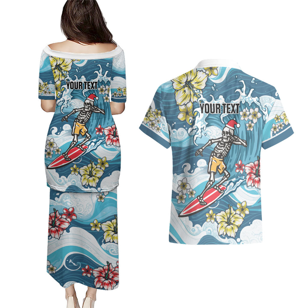 Hawaii Santa Skeleton Surfing Personalized Couples Matching Puletasi and Hawaiian Shirt Mele Kalikimaka i Iulai!