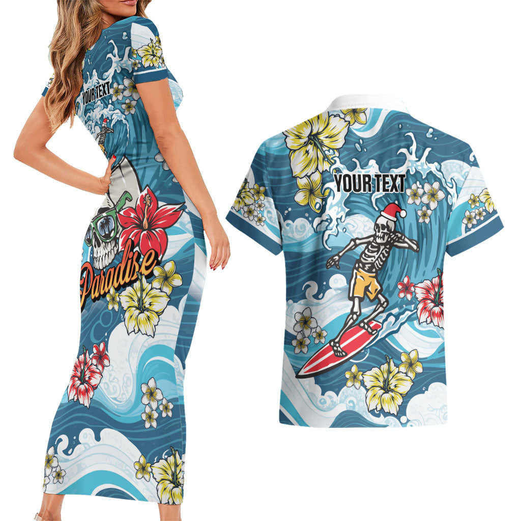 Hawaii Santa Skeleton Surfing Personalized Couples Matching Short Sleeve Bodycon Dress and Hawaiian Shirt Mele Kalikimaka i Iulai!