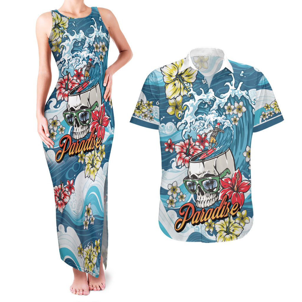 Hawaii Santa Skeleton Surfing Personalized Couples Matching Tank Maxi Dress and Hawaiian Shirt Mele Kalikimaka i Iulai!