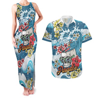 Hawaii Santa Skeleton Surfing Personalized Couples Matching Tank Maxi Dress and Hawaiian Shirt Mele Kalikimaka i Iulai!