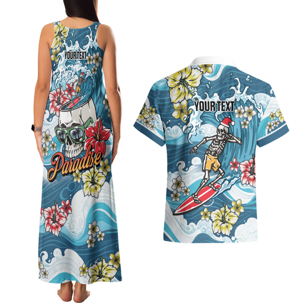 Hawaii Santa Skeleton Surfing Personalized Couples Matching Tank Maxi Dress and Hawaiian Shirt Mele Kalikimaka i Iulai!