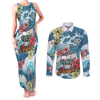 Hawaii Santa Skeleton Surfing Personalized Couples Matching Tank Maxi Dress and Long Sleeve Button Shirt Mele Kalikimaka i Iulai!