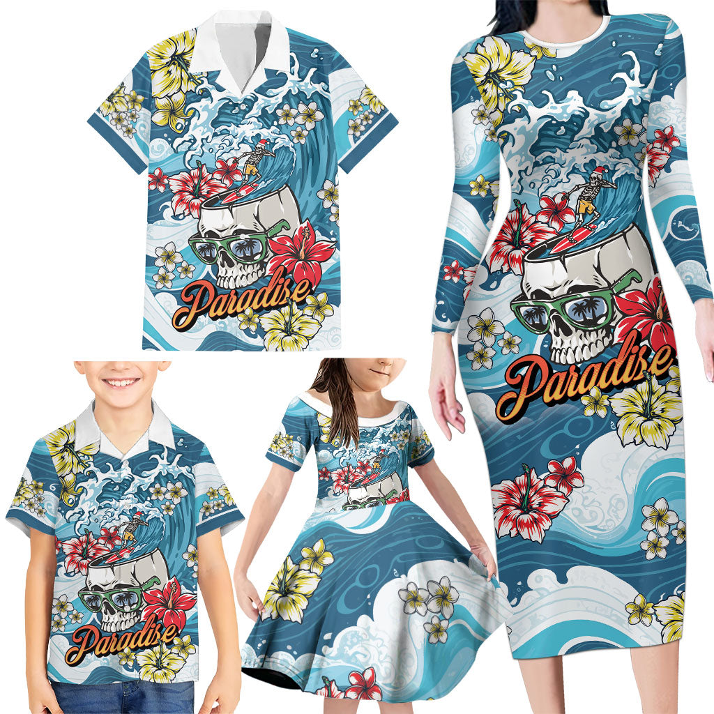 Hawaii Santa Skeleton Surfing Personalized Family Matching Long Sleeve Bodycon Dress and Hawaiian Shirt Mele Kalikimaka i Iulai!