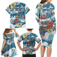 Hawaii Santa Skeleton Surfing Personalized Family Matching Long Sleeve Bodycon Dress and Hawaiian Shirt Mele Kalikimaka i Iulai!
