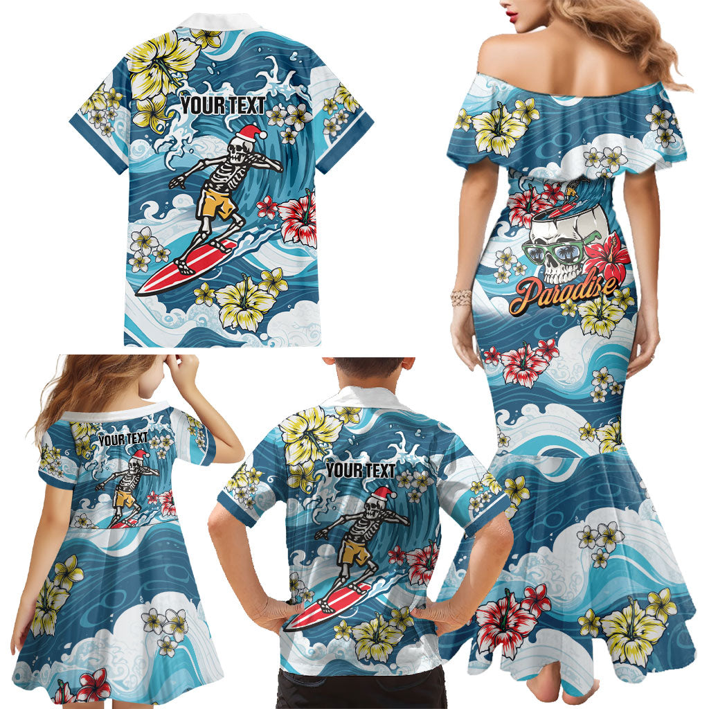 Hawaii Santa Skeleton Surfing Personalized Family Matching Mermaid Dress and Hawaiian Shirt Mele Kalikimaka i Iulai!
