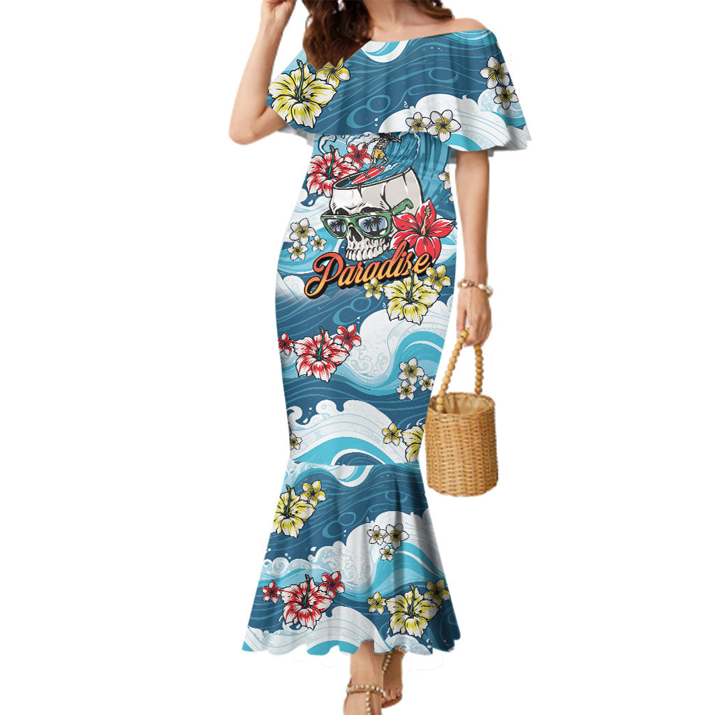 Hawaii Santa Skeleton Surfing Personalized Family Matching Mermaid Dress and Hawaiian Shirt Mele Kalikimaka i Iulai!