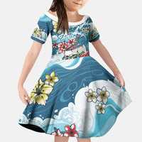 Hawaii Santa Skeleton Surfing Personalized Family Matching Off The Shoulder Long Sleeve Dress and Hawaiian Shirt Mele Kalikimaka i Iulai!