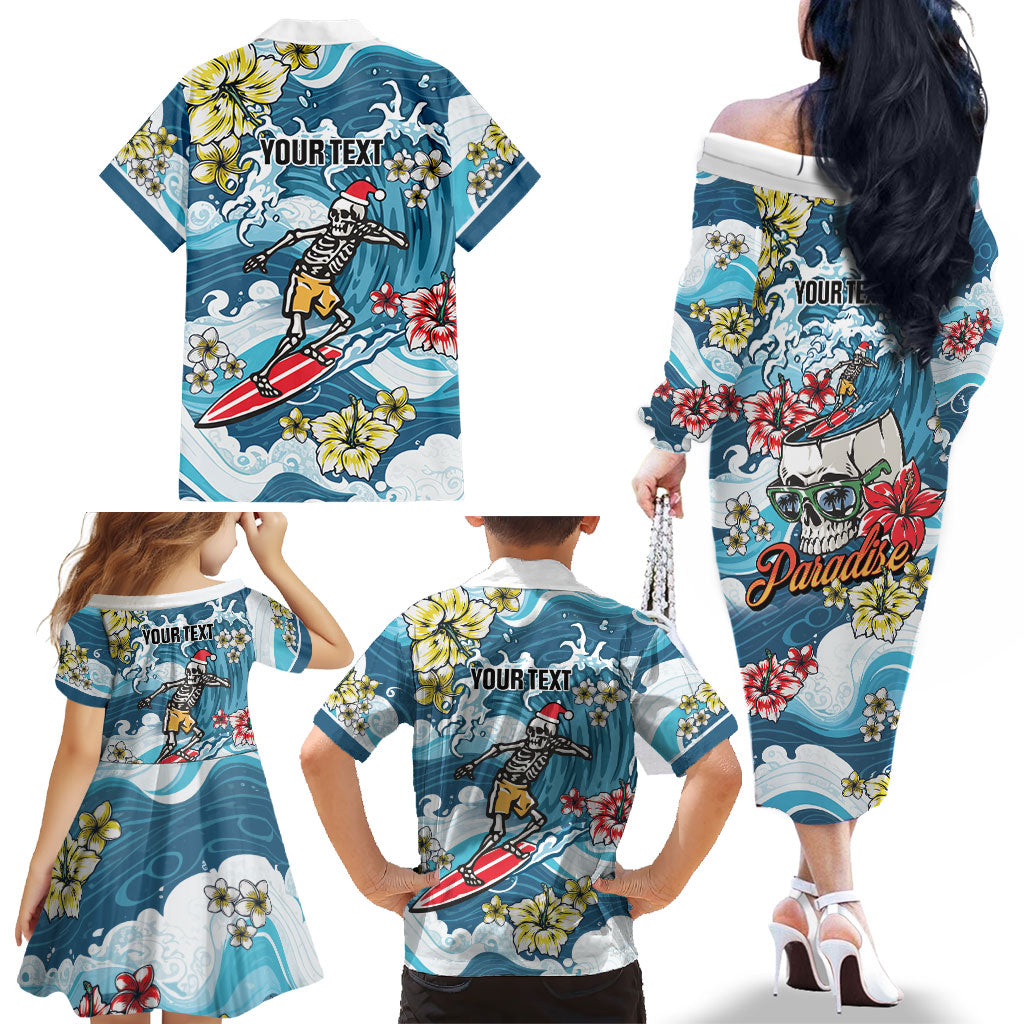 Hawaii Santa Skeleton Surfing Personalized Family Matching Off The Shoulder Long Sleeve Dress and Hawaiian Shirt Mele Kalikimaka i Iulai!