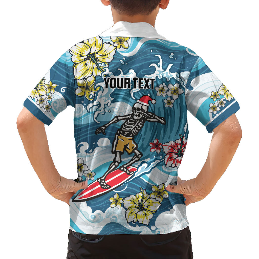 Hawaii Santa Skeleton Surfing Personalized Family Matching Off Shoulder Short Dress and Hawaiian Shirt Mele Kalikimaka i Iulai!