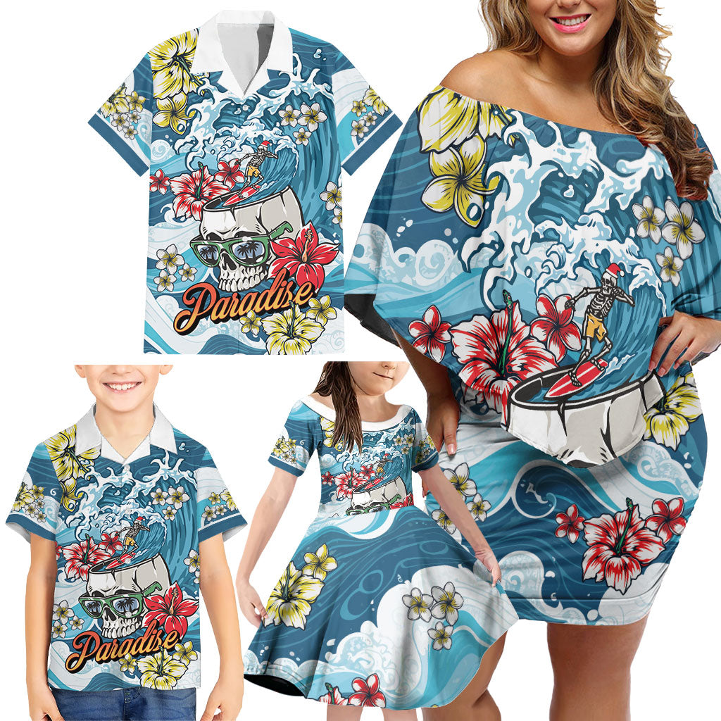 Hawaii Santa Skeleton Surfing Personalized Family Matching Off Shoulder Short Dress and Hawaiian Shirt Mele Kalikimaka i Iulai!