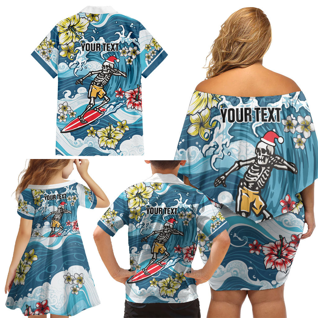Hawaii Santa Skeleton Surfing Personalized Family Matching Off Shoulder Short Dress and Hawaiian Shirt Mele Kalikimaka i Iulai!