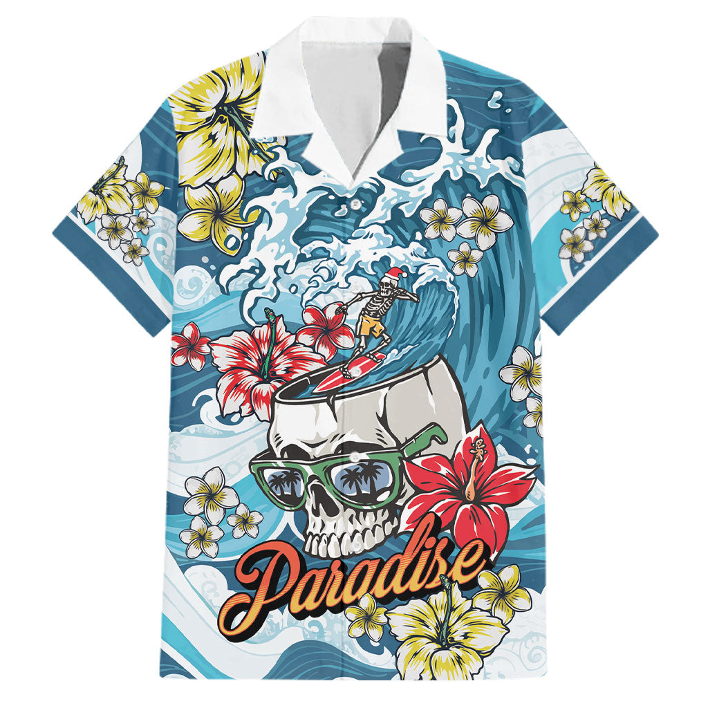 Hawaii Santa Skeleton Surfing Personalized Family Matching Off Shoulder Short Dress and Hawaiian Shirt Mele Kalikimaka i Iulai!
