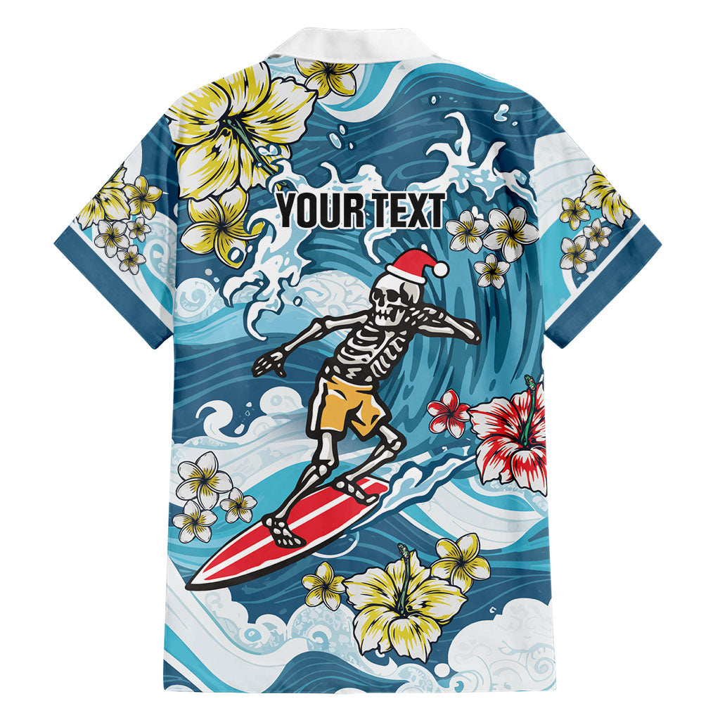 Hawaii Santa Skeleton Surfing Personalized Family Matching Off Shoulder Short Dress and Hawaiian Shirt Mele Kalikimaka i Iulai!