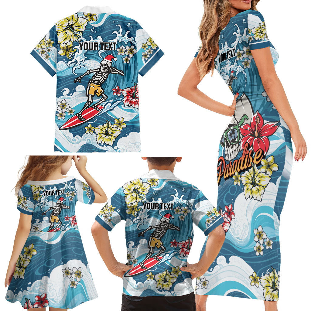 Hawaii Santa Skeleton Surfing Personalized Family Matching Short Sleeve Bodycon Dress and Hawaiian Shirt Mele Kalikimaka i Iulai!