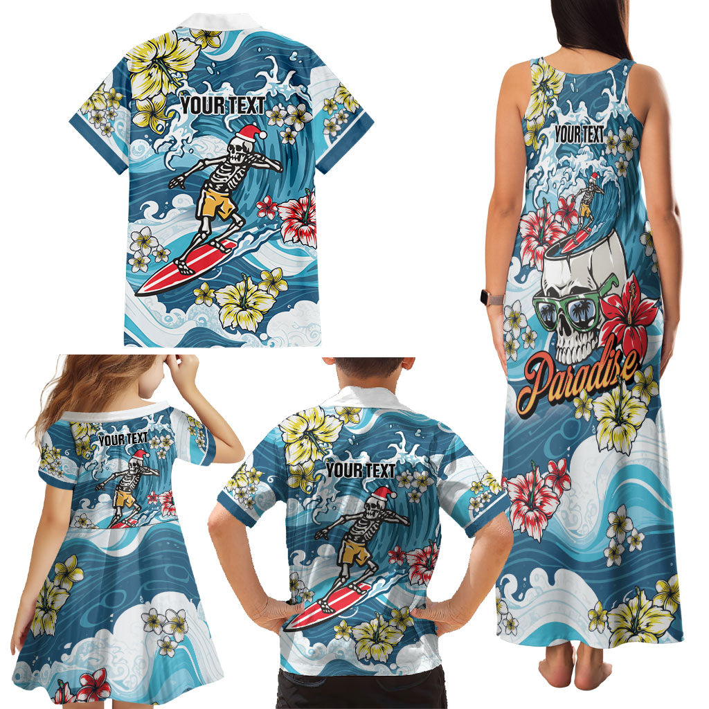 Hawaii Santa Skeleton Surfing Personalized Family Matching Tank Maxi Dress and Hawaiian Shirt Mele Kalikimaka i Iulai!