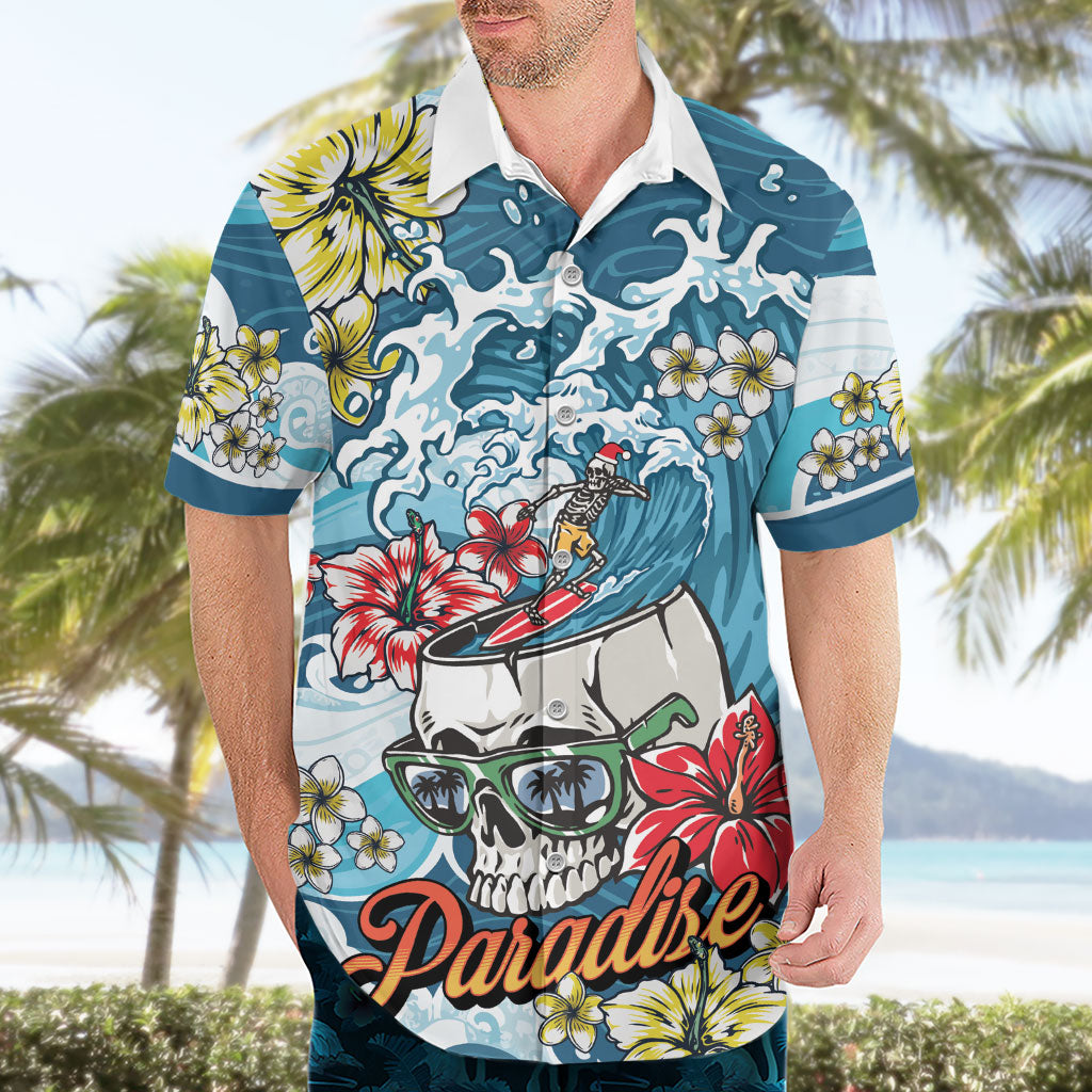 Hawaii Santa Skeleton Surfing Personalized Hawaiian Shirt Mele Kalikimaka i Iulai!