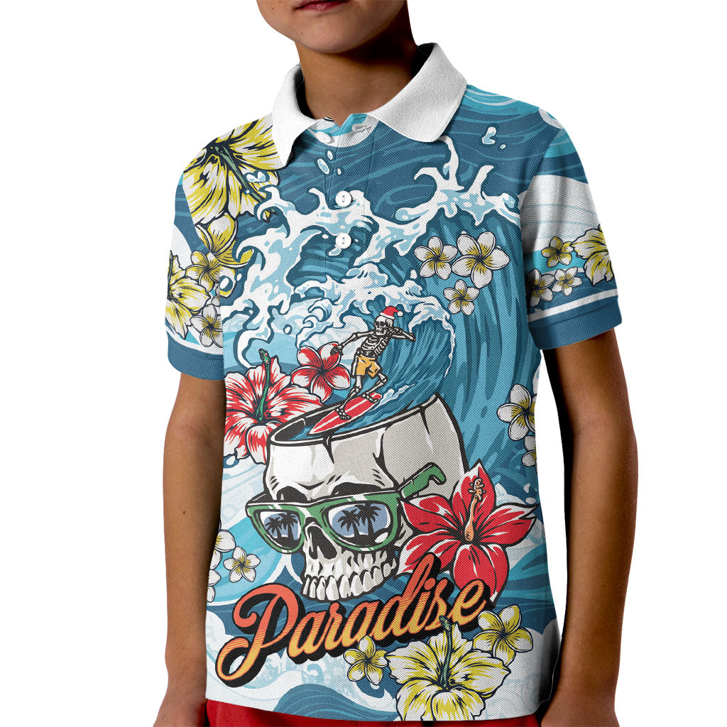 Hawaii Santa Skeleton Surfing Personalized Kid Polo Shirt Mele Kalikimaka i Iulai!