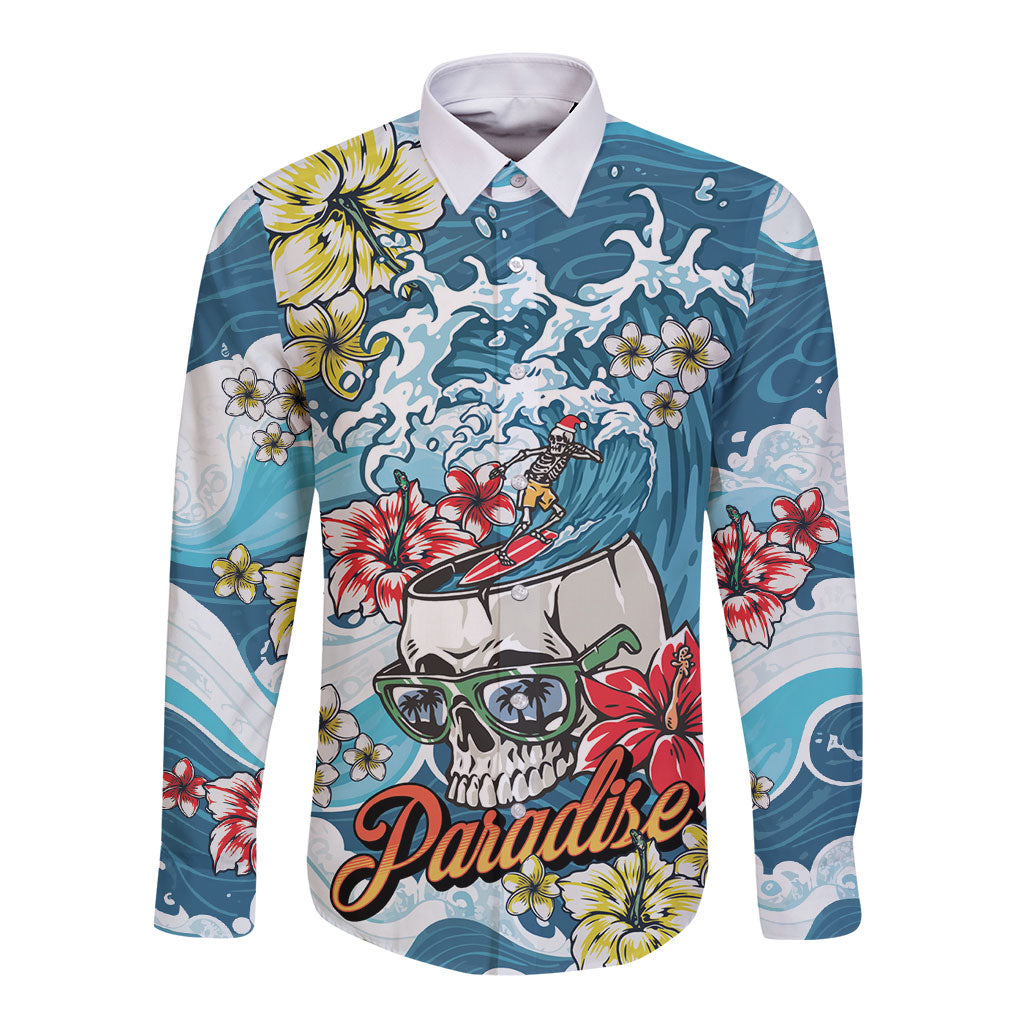 Hawaii Santa Skeleton Surfing Personalized Long Sleeve Button Shirt Mele Kalikimaka i Iulai!