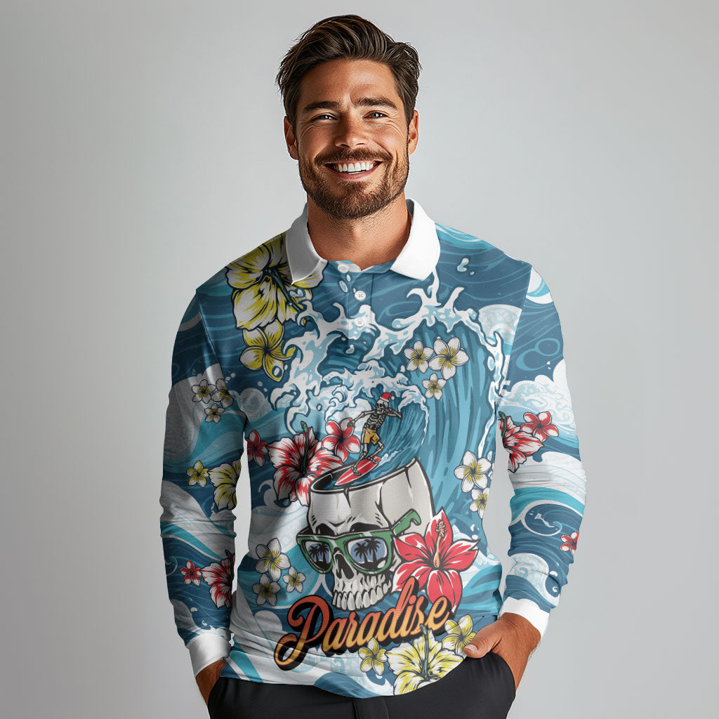 Hawaii Santa Skeleton Surfing Personalized Long Sleeve Polo Shirt Mele Kalikimaka i Iulai!