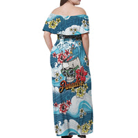 Hawaii Santa Skeleton Surfing Personalized Off Shoulder Maxi Dress Mele Kalikimaka i Iulai!