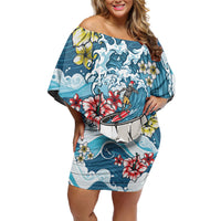 Hawaii Santa Skeleton Surfing Personalized Off Shoulder Short Dress Mele Kalikimaka i Iulai!