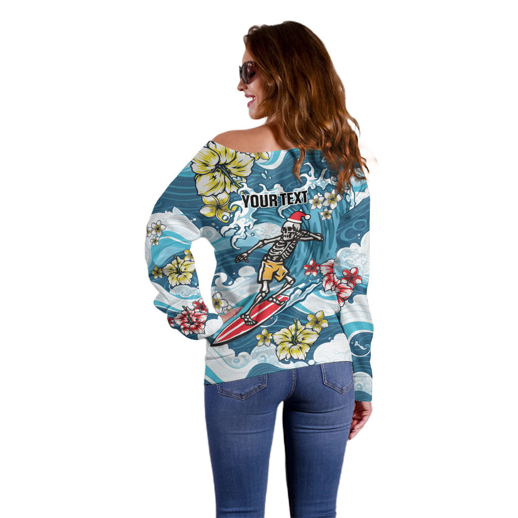Hawaii Santa Skeleton Surfing Personalized Off Shoulder Sweater Mele Kalikimaka i Iulai!