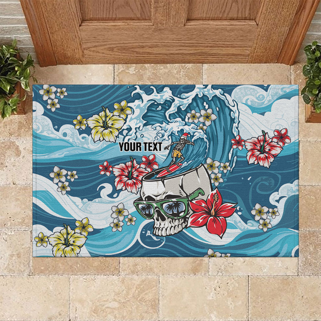 Hawaii Santa Skeleton Surfing Personalized Rubber Doormat Mele Kalikimaka i Iulai!