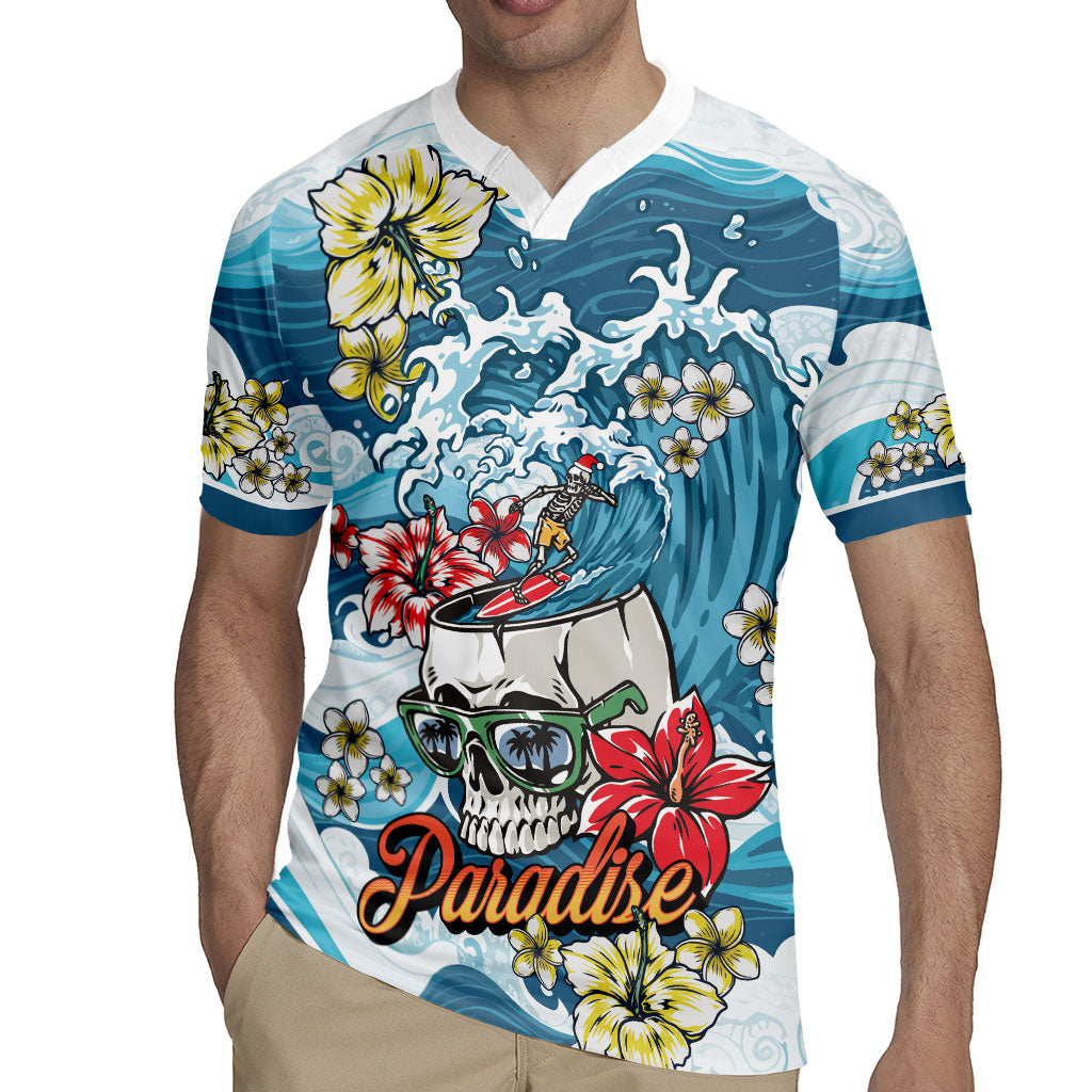 Hawaii Santa Skeleton Surfing Personalized Rugby Jersey Mele Kalikimaka i Iulai!