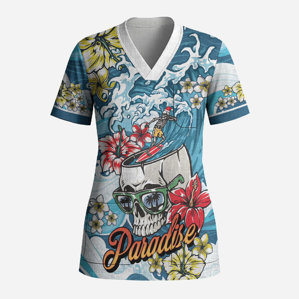Hawaii Santa Skeleton Surfing Personalized Scrub Top Mele Kalikimaka i Iulai!