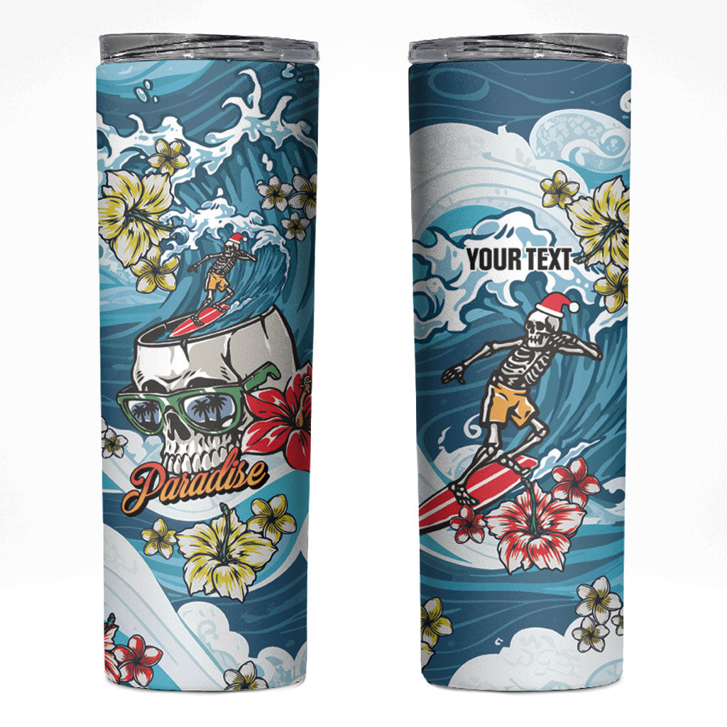 Hawaii Santa Skeleton Surfing Personalized Skinny Tumbler Mele Kalikimaka i Iulai!
