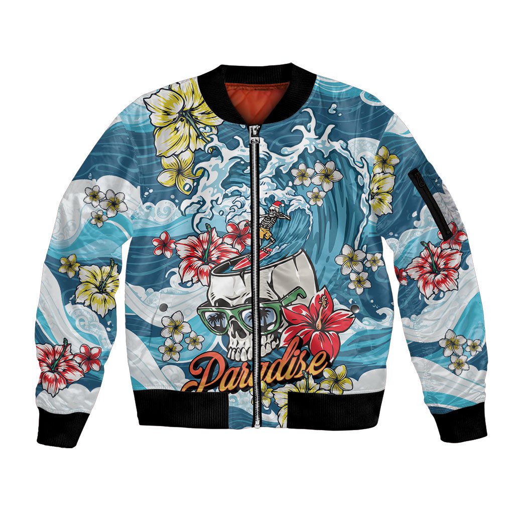Hawaii Santa Skeleton Surfing Personalized Sleeve Zip Bomber Jacket Mele Kalikimaka i Iulai!