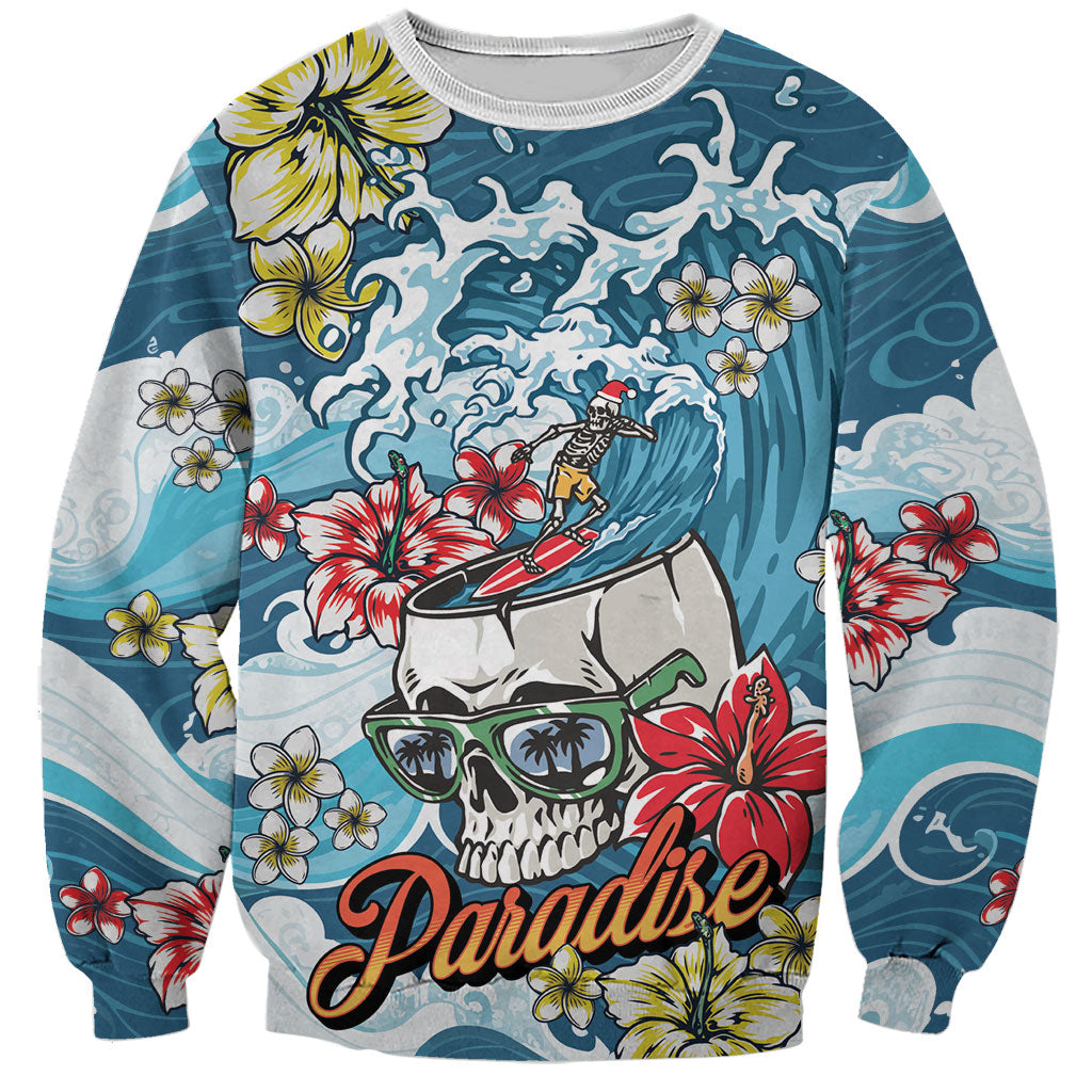 Hawaii Santa Skeleton Surfing Personalized Sweatshirt Mele Kalikimaka i Iulai!