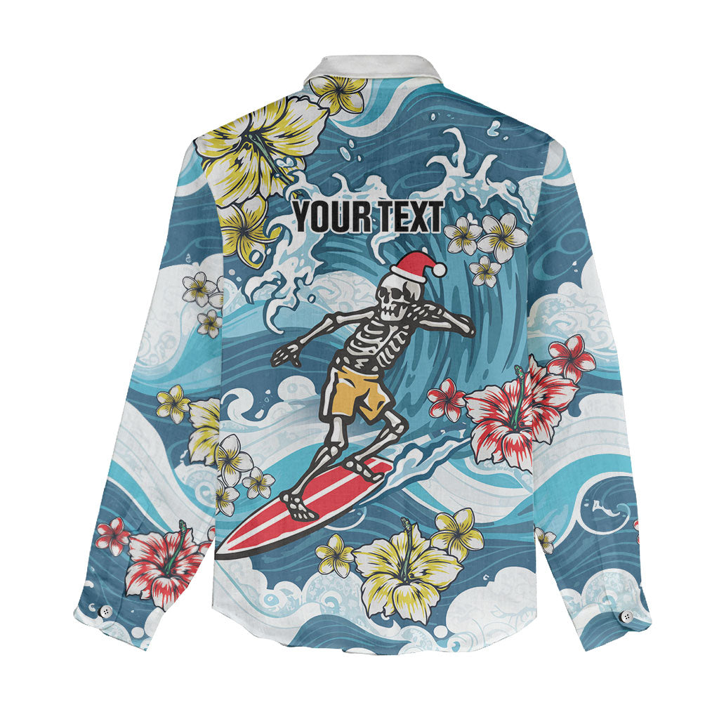 Hawaii Santa Skeleton Surfing Personalized Women Casual Shirt Mele Kalikimaka i Iulai!