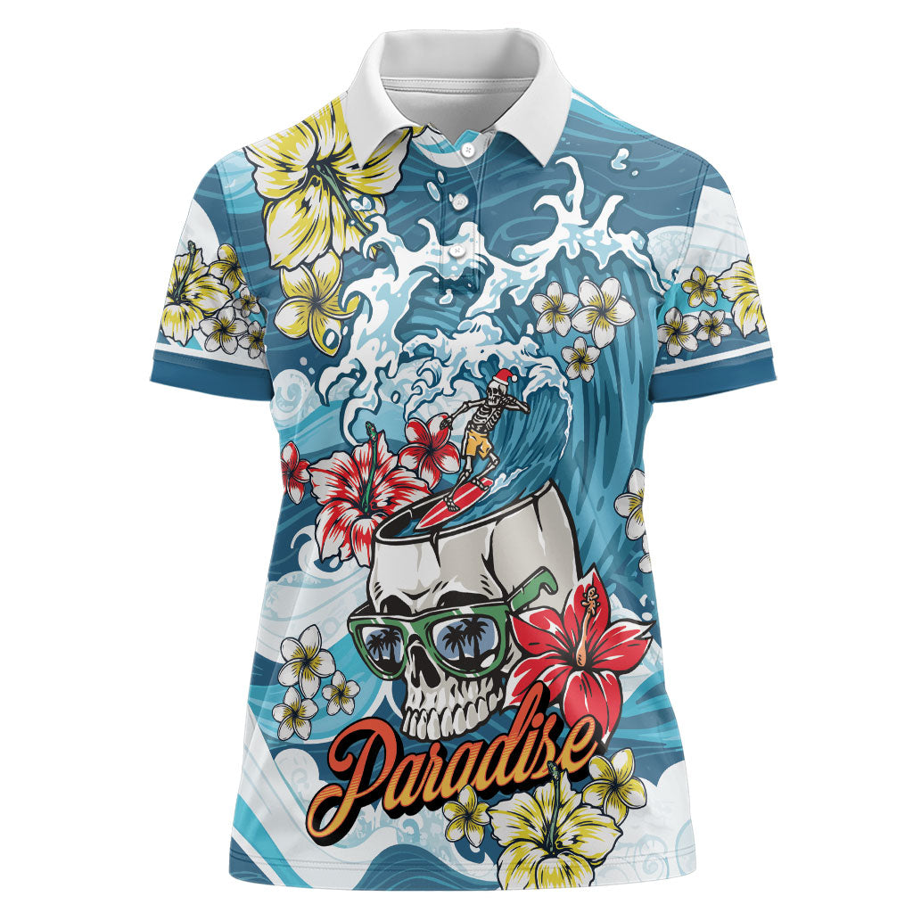 Hawaii Santa Skeleton Surfing Personalized Women Polo Shirt Mele Kalikimaka i Iulai!