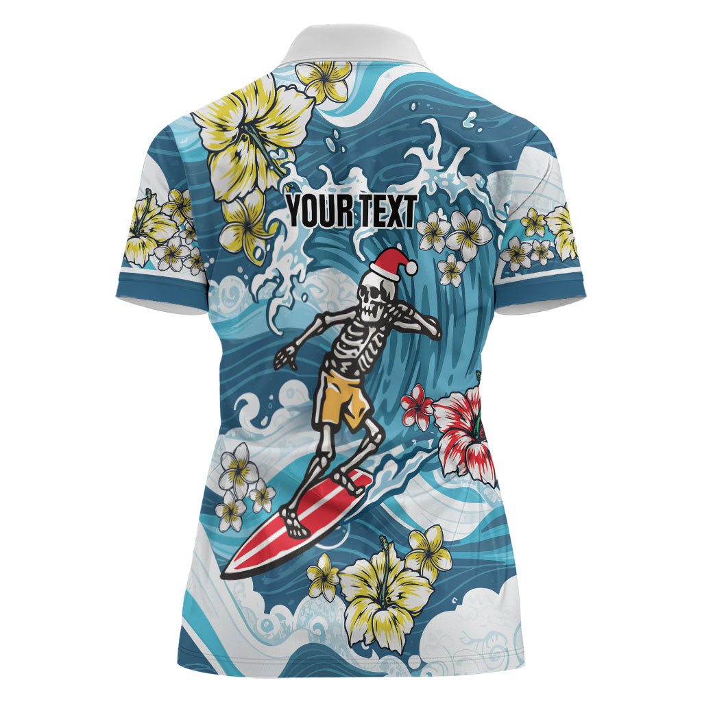 Hawaii Santa Skeleton Surfing Personalized Women Polo Shirt Mele Kalikimaka i Iulai!
