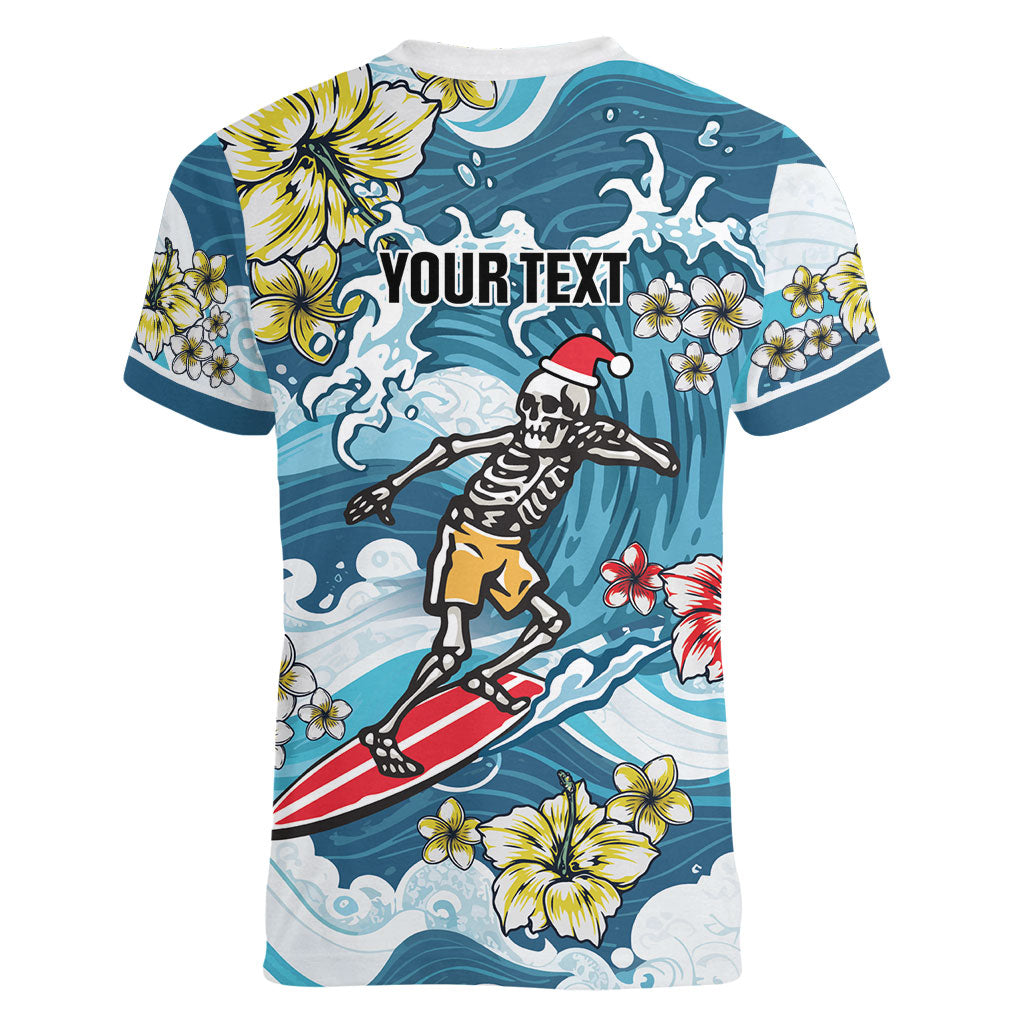 Hawaii Santa Skeleton Surfing Personalized Women V-Neck T-Shirt Mele Kalikimaka i Iulai!